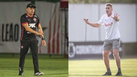 Jair Ventura, do Vitória, e Vágner Mancini, do RB Bragantino, durante treino das equipes
