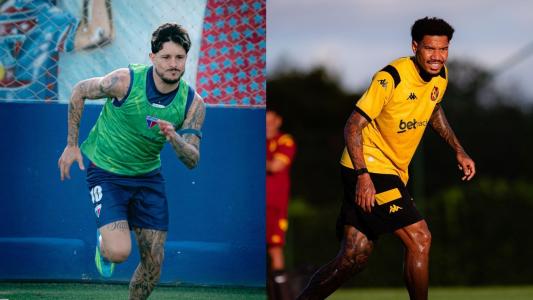 Lucas Crispim, do Fortaleza, e Zé Gabriel, do Sport, durante treino das equipes