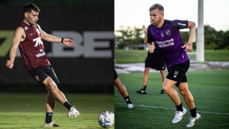 Martínez, do Vitória, e Pedro Henrique, do Ceará, durante treino das equipes