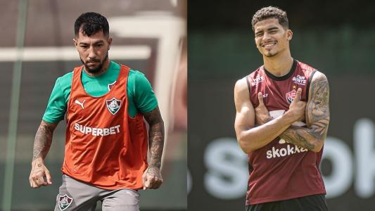 Lucho Acosta, do Fluminense, e Renê, do Vitória, durante treino das equipes