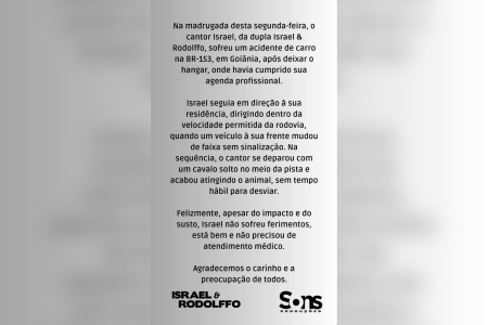 Equipe de Israel e Rodolffo emitiu comunicado sobre acidente • Reprodução | Redes Sociais