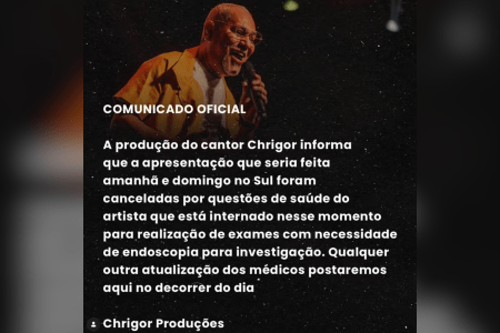 Equipe de Chrigor informa cancelamento de shows • Reprodução | Redes Sociais