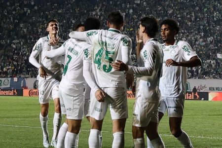 Jogadores do Palmeiras comemoram gol sobre o Jacuipense