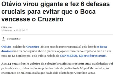 Otávio é destaque de jornal argentino após atuação contra o Boca •