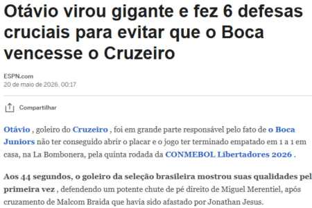 Otávio é destaque de jornal argentino após atuação contra o Boca •