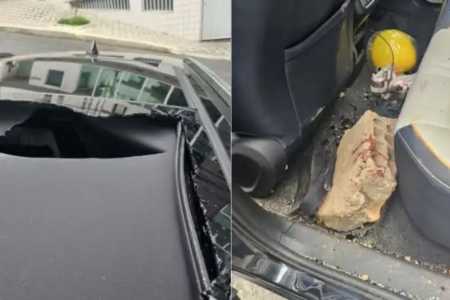 Tijolo revestido de concreto atravessou o teto solar do carro • Imagens cedidas à Itatiaia