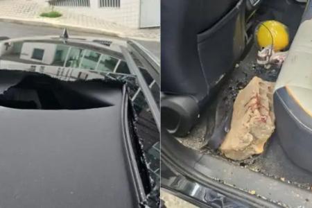 Tijolo revestido de concreto atravessou o teto solar do carro • Imagens cedidas à Itatiaia