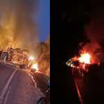 Batida entre carreta e ônibus provoca incêndio na BR-251, em Minas Gerais