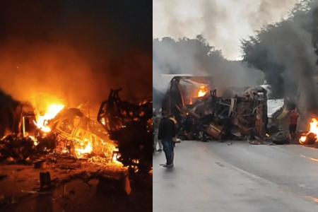 Colisão entre carreta e ônibus provoca incêndio na BR-251 • Redes sociais