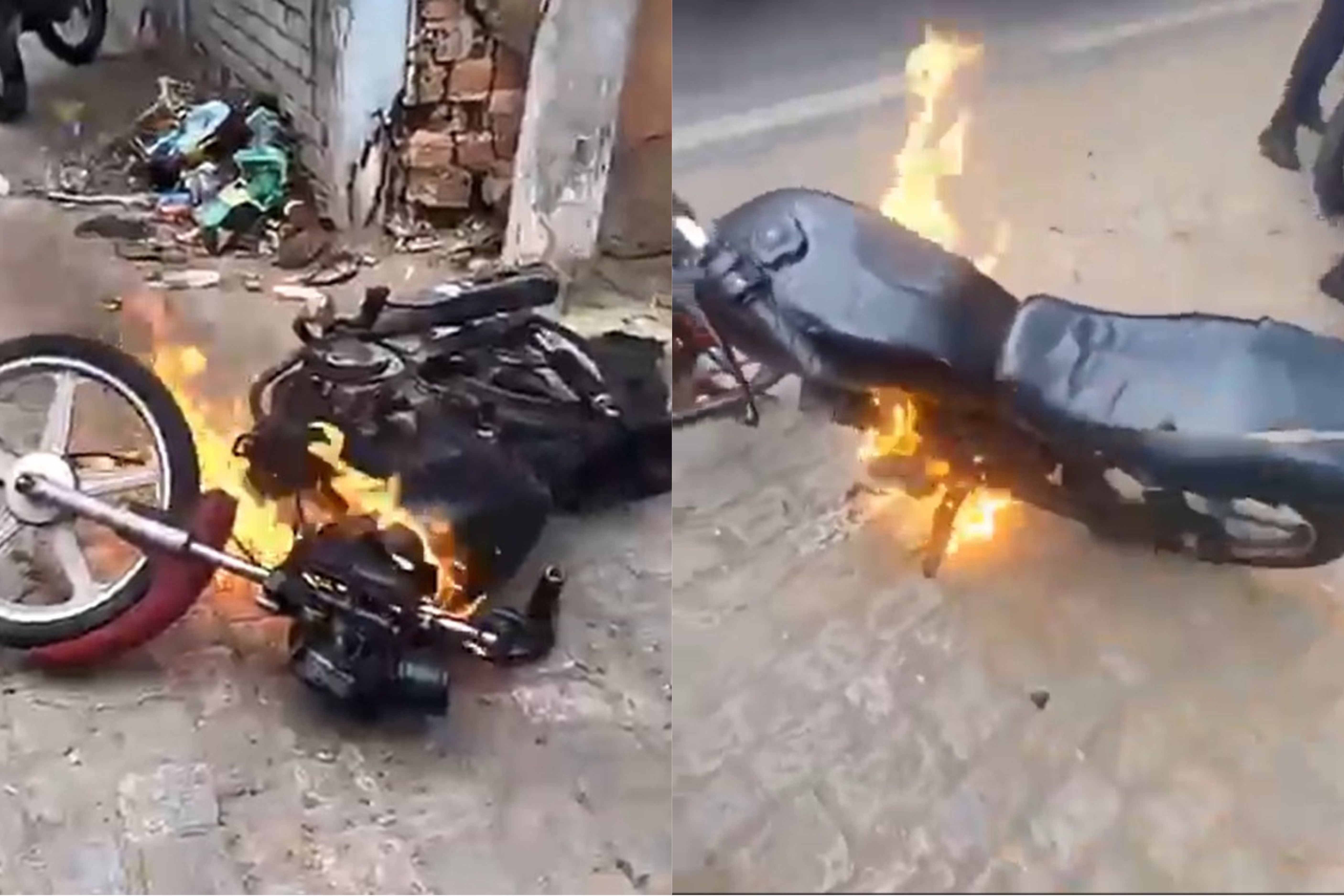 Após ter moto apreendida, homem sem CNH e capacete ateia fogo no veículo no RJ; veja vídeo