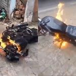 Após ter moto apreendida, homem sem CNH e capacete ateia fogo no veículo no RJ; veja vídeo