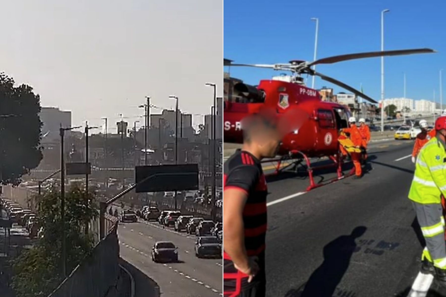 Linha Amarela, no RJ, é fechada para resgate de vítima de helicóptero após acidente; veja vídeo