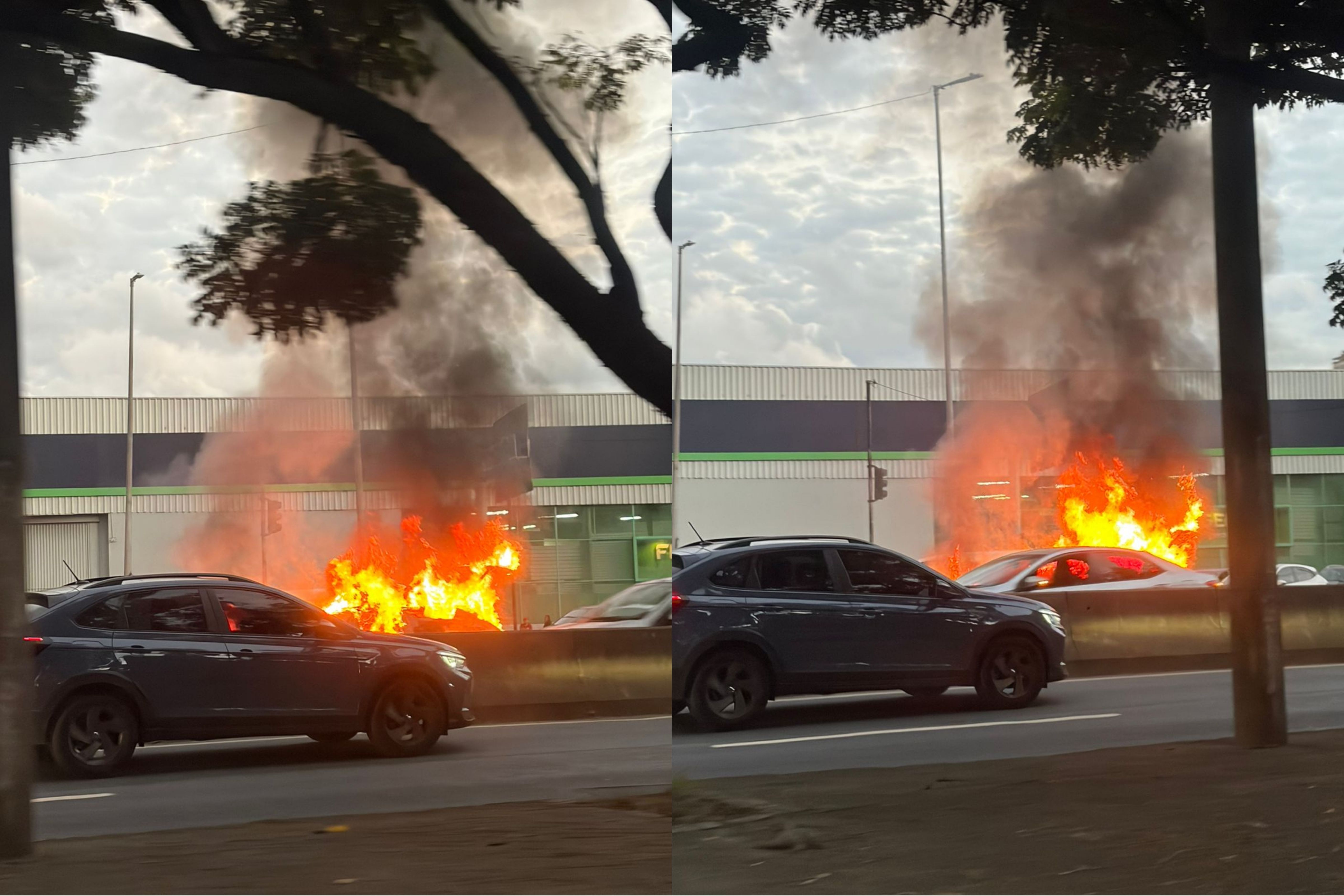 Carro pega fogo e complica trânsito na Avenida do Contorno, em Belo Horizonte