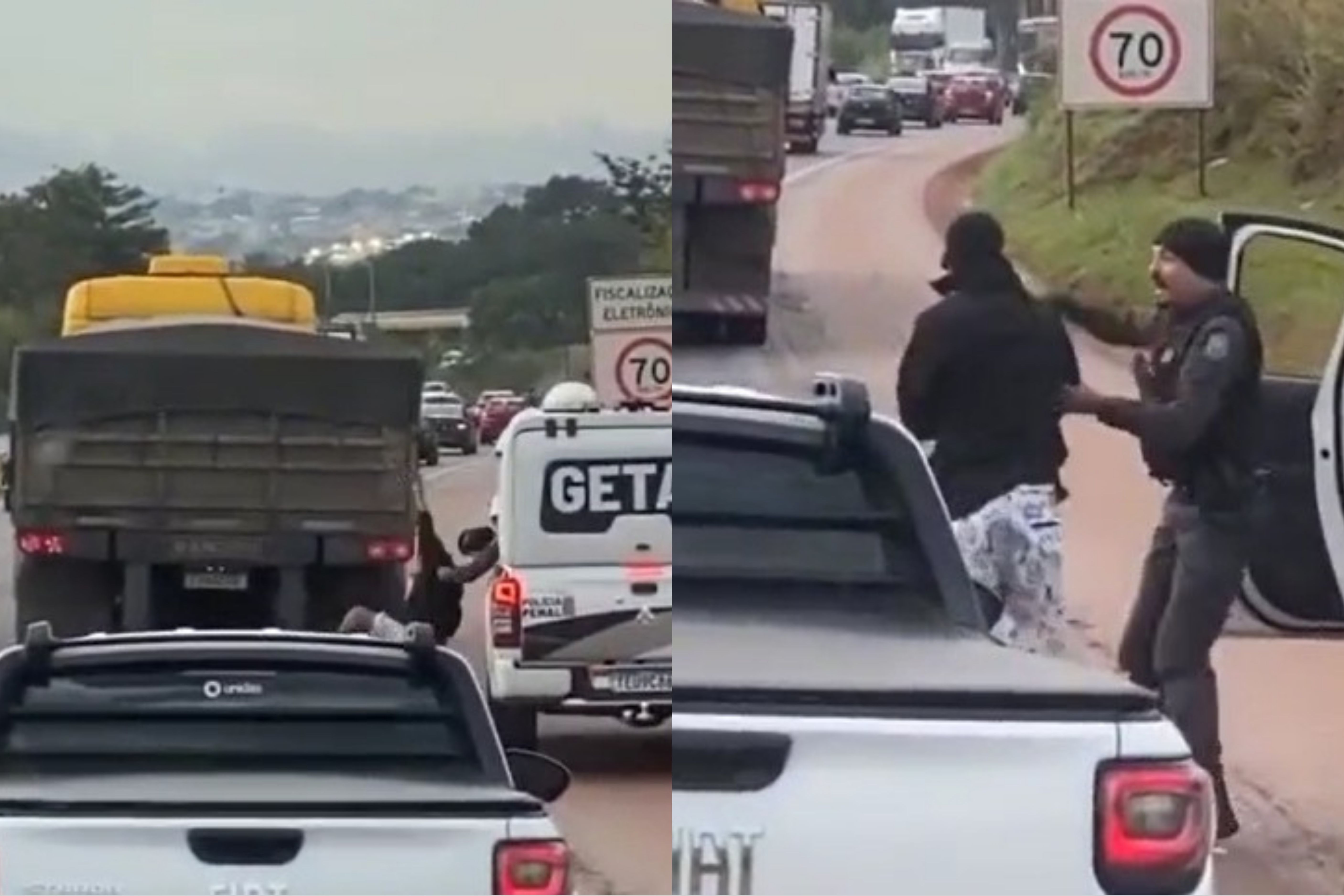 Homem que pegava carona em caminhão é derrubado e agredido por policial na BR-040; veja vídeo