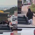 Homem que pegava carona em caminhão é derrubado e agredido por policial na BR-040; veja vídeo