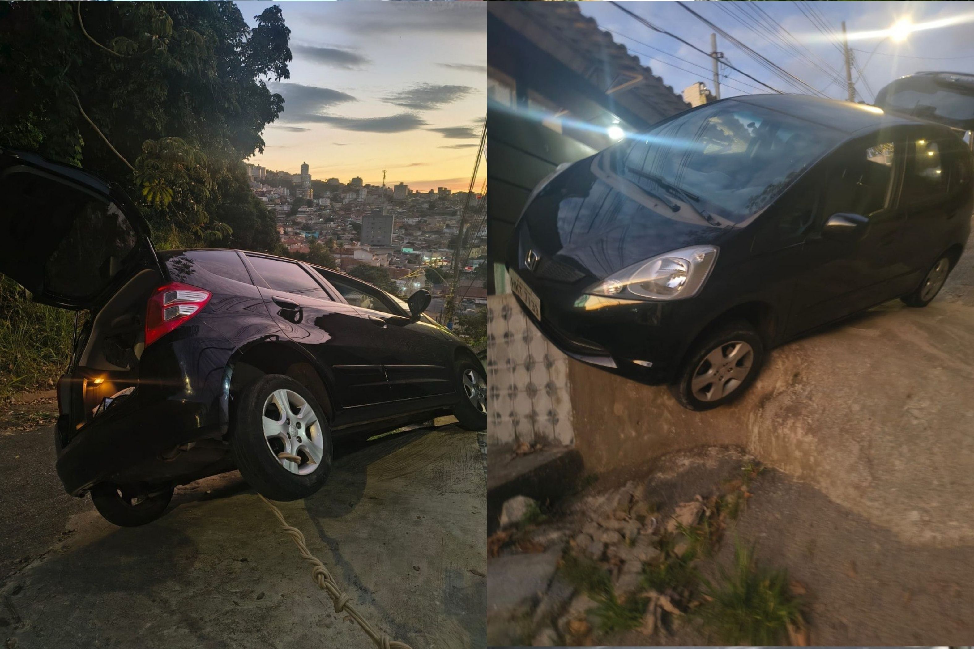Motorista se assusta com morro, perde controle, e carro fica pendurado em BH