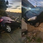 Motorista se assusta com morro, perde controle, e carro fica pendurado em BH