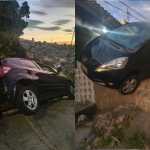 Motorista se assusta com morro, perde controle, e carro fica pendurado em BH