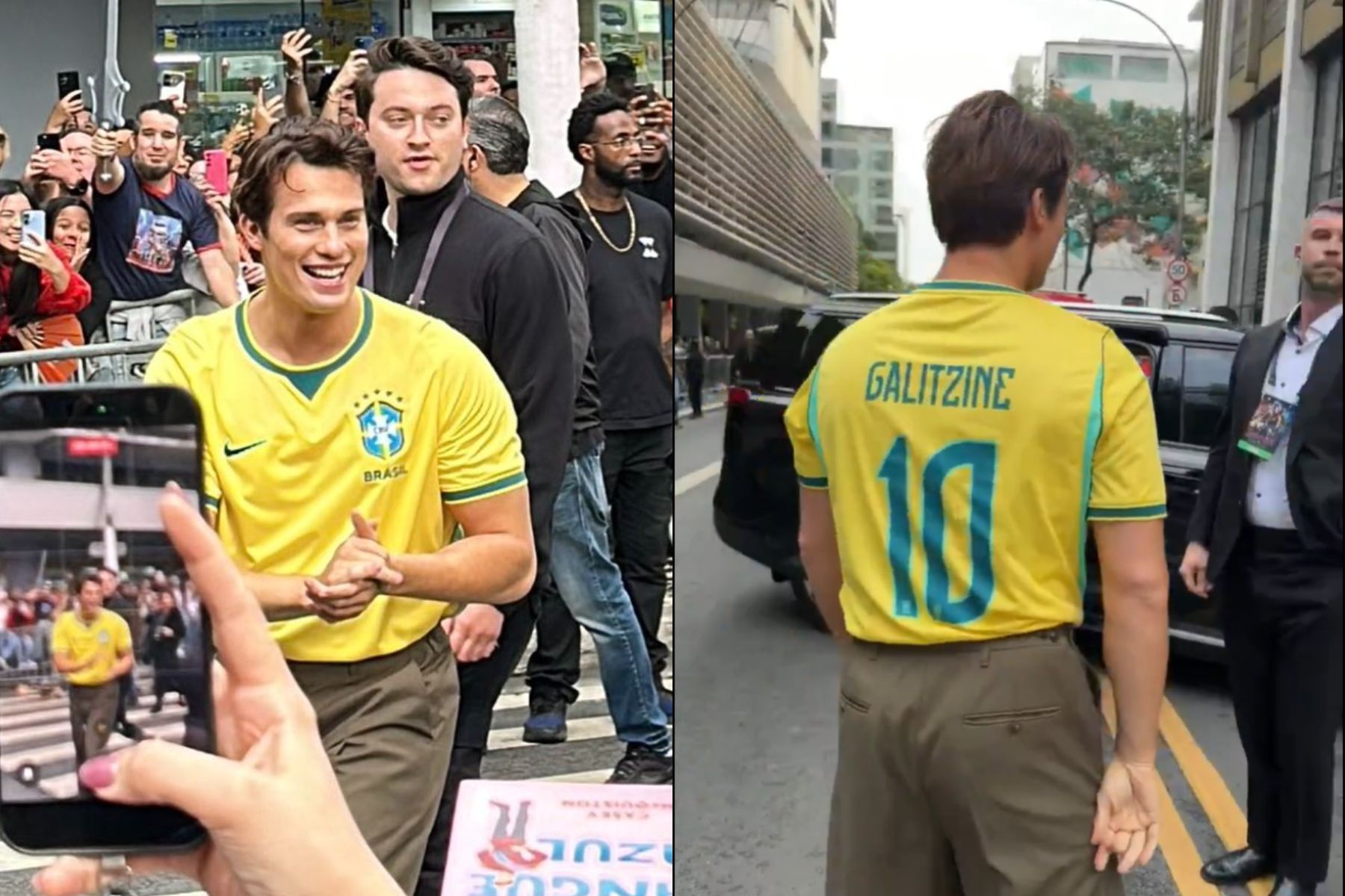 Nicolas Galitzine surge com camisa do Brasil e é ovacionado por fãs