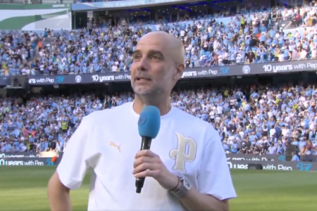 Pep Guardiola em discurso de despedida do Manchester City no Etihad Stadium