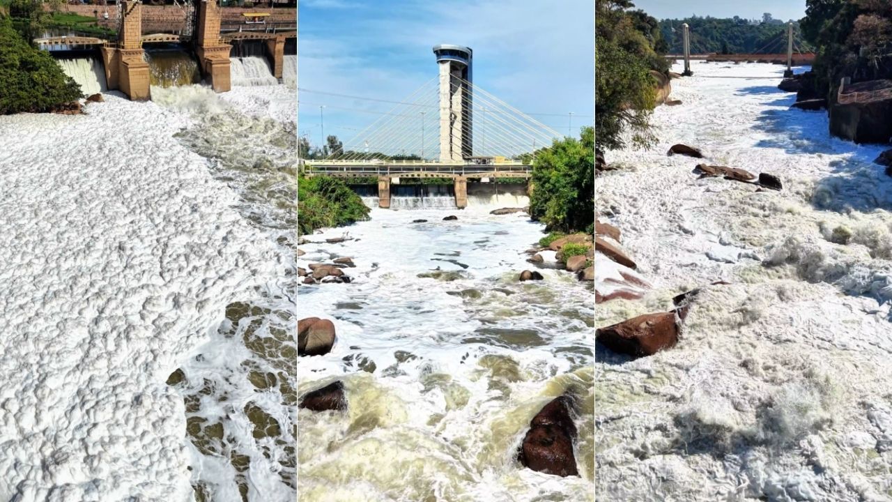 Vídeo: Rio Tietê no interior de SP amanhece coberto por espuma tóxica de detergente