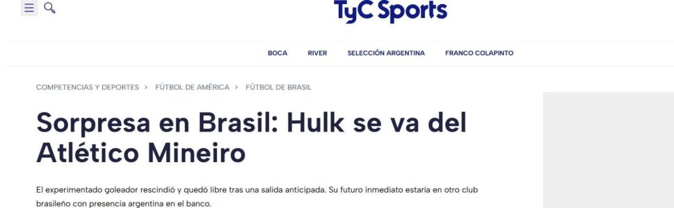 Publicação da TyC Sports sobre a saída de Hulk do Atlético • Reprodução / TyC Sports
