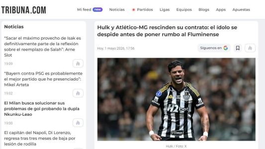 Publicação do Tribuna.com sobre a saída de Hulk do Atlético • Reprodução / Tribuna.com