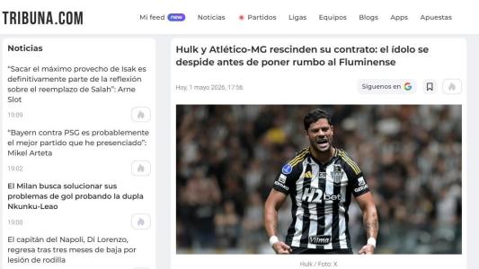 Publicação do Tribuna.com sobre a saída de Hulk do Atlético • Reprodução / Tribuna.com