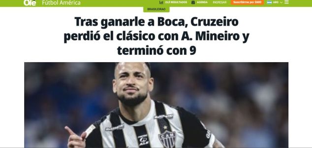 Publicação do Diario Olé sobre vitória do Atlético sobre o Cruzeiro •