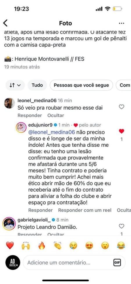 Comentário polêmico respondido por Edu, campeão pelo Cruzeiro • Reprodução / Instagram