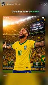Story de Alisson Santana, "cria" do Atlético, sobre convocação de Neymar para a Copa do Mundo • Reprodução / Instagram / Alisson