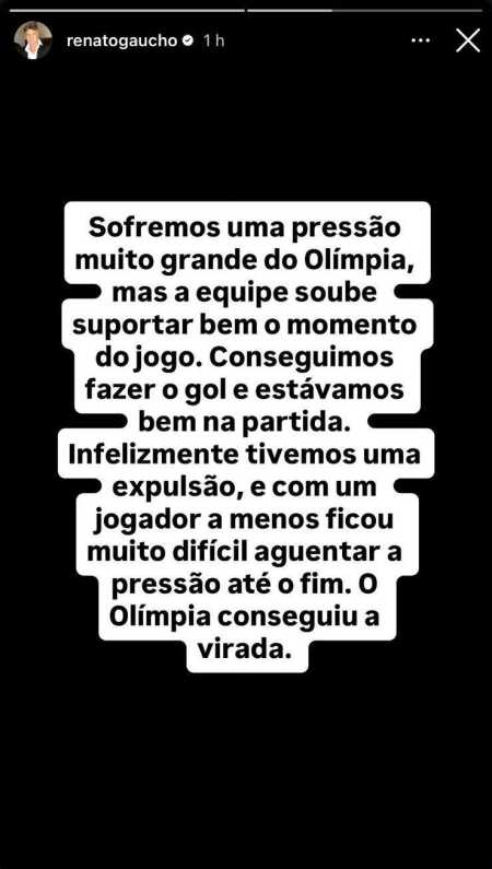 Story de Renato Gaúcho, técnico do Vasco • Instagram / Renato
