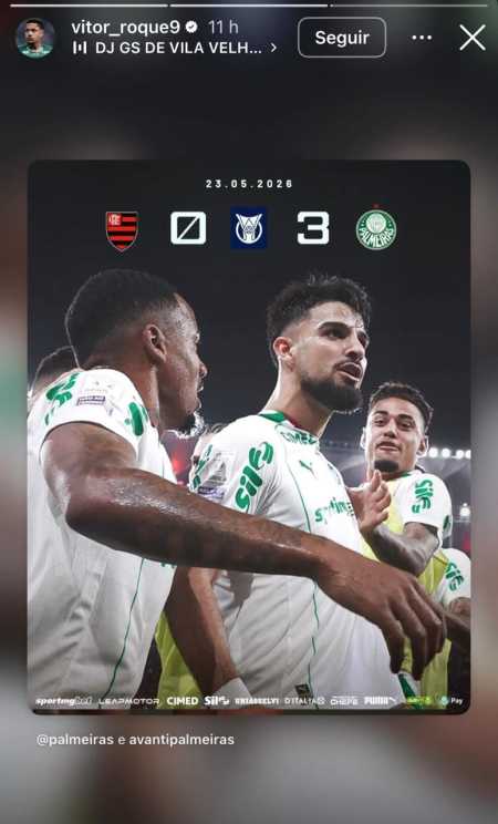 Story de Vitor Roque após goleada do Palmeiras sobre o Flamengo • Reprodução / Instagram / Vitor Roque