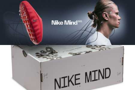 Banner de divulgação do Nike Mind com Erling Haaland e caixa da sandália tecnológica • Divulgação/Nike