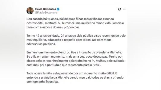 Após crise com Michelle, Flávio Bolsonaro pede desculpas e nega intenção de ofendê-la • Foto: Redes Sociais