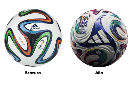 Brazuca, bola oficial da Copa do Mundo de 2014 (à esquerda) e Jóia, possível bola da Copa do Mundo Feminina de 2027 (à direita) • Divulgação/Footy Headlines