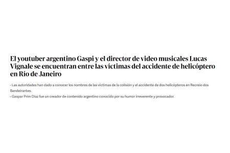Reportagem do 'Clarín' sobre acidente aéreo no Rio • Reprodução