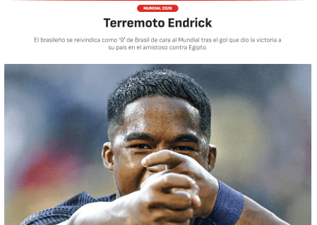 Publicação do Diario As, da Espanha, sobre Endrick, da Seleção Brasileira • Reprodução / Diario As
