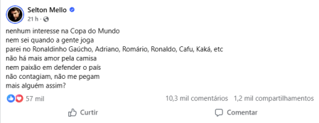 Desabafo de Selton Mello sobre a Seleção Brasileira • Reprodução | Redes Sociais