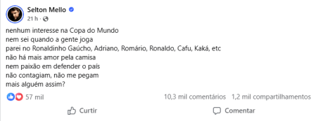 Desabafo de Selton Mello sobre a Seleção Brasileira • Reprodução | Redes Sociais