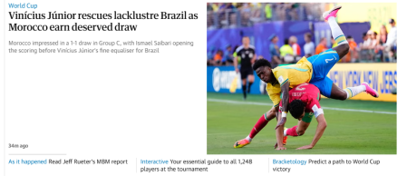 'Vini Jr salva um Brasil sem brilho': desempenho da Seleção Brasileira não foi bem avaliado • The Guardian