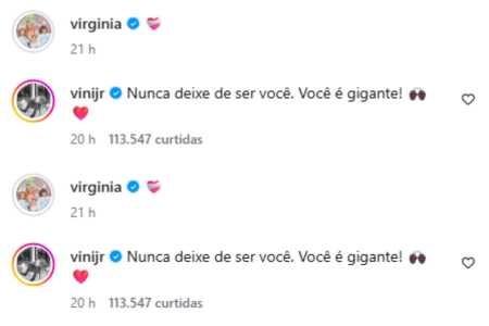 Comentário de Vini Jr. em publicação de Virginia • Reprodução | Redes Sociais