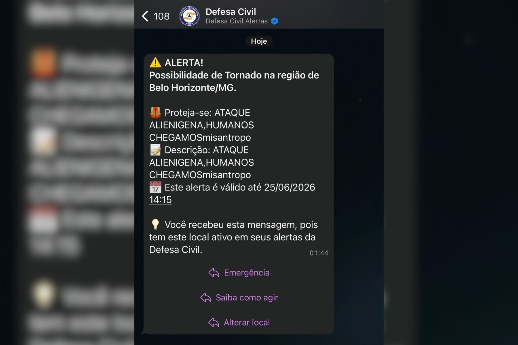 ‘Invasão alienígena’: moradores de BH também receberam falso alerta da Defesa Civil
