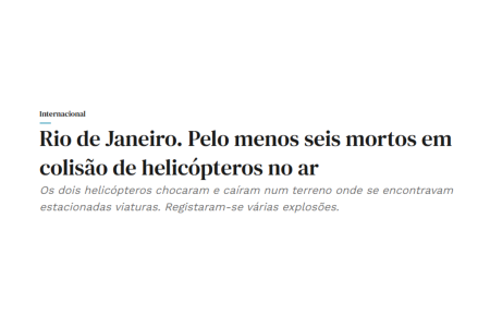 Reportagem do 'Diário de Notícias' sobre acidente aéreo no Rio • Reprodução