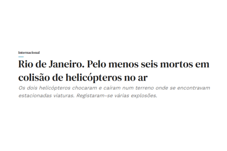 Reportagem do 'Diário de Notícias' sobre acidente aéreo no Rio • Reprodução