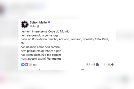 Selton Mello desabafa sobre Seleção Brasileira • Reprodução | Facebook | Selton Mello