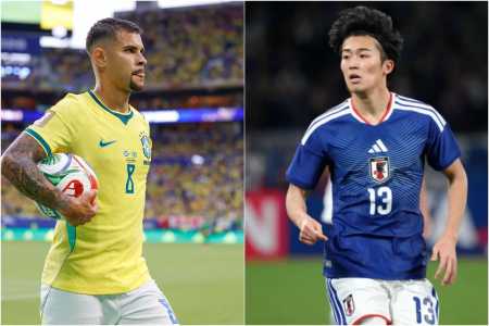 Bruno Guimarães, do Brasil, e Keito Nakamura, e Japão, na Copa do Mundo