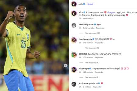 Michael B. Jordan reage a gol de Rayan nas redes sociais • Reprodução/Instagram/afcb