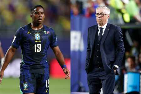 Ancelotti e Endrick durante jogo entre Brasil e Haiti na Copa do Mundo • Dan Mullan/Getty Imagens via AFP e Rafael Ribeiro/CBF
