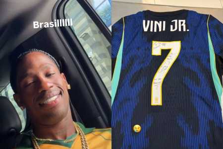 Travis Scott aparece em rede social usando camsia do Brasil
